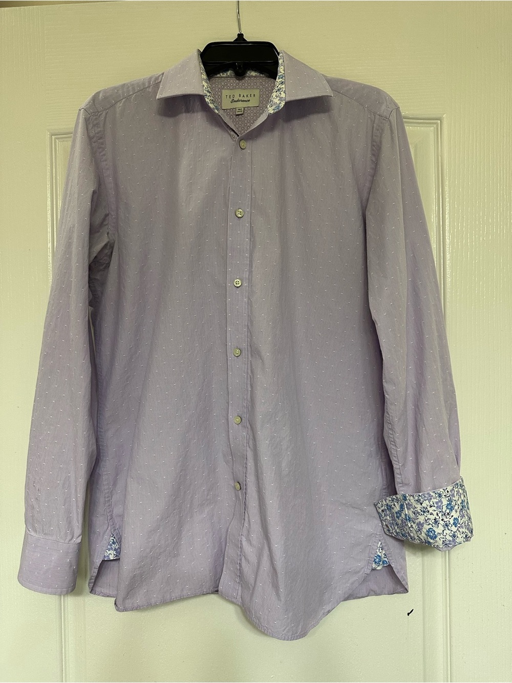 Ted Baker Men's Lavender Dobby Stripe Dress Shirt with Floral Contrast Trim 15.5